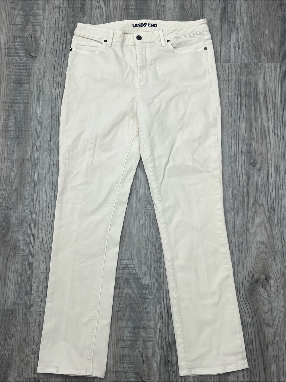 Lands' End Women's Mid Rise Cream Off White Stretch Denim Straight Jeans Size 12
